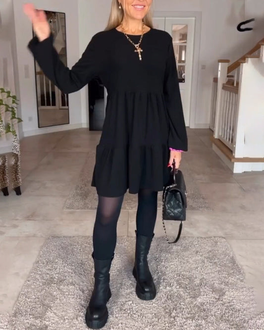 Julietta Jurk | Retro A-lijn Jurk met Ronde Hals en Lange Mouwen