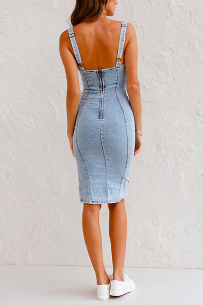 Heidi Denim Jurk | Bodycon Spijkerjurk met Verstelbare Bandjes en Splitdetail