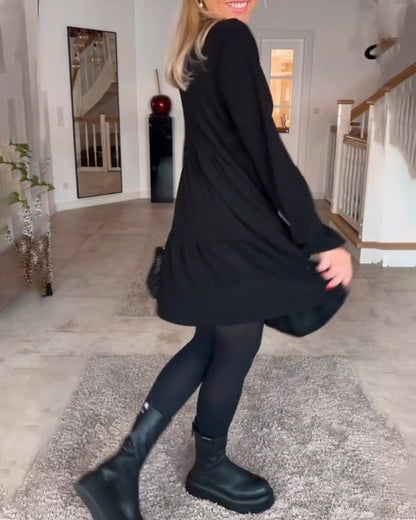 Julietta Jurk | Retro A-lijn Jurk met Ronde Hals en Lange Mouwen