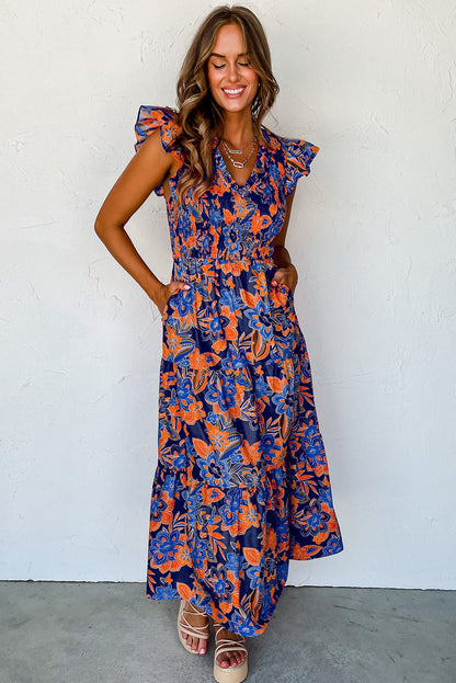 Lucia Jurk | Boho Maxi-Jurk met Bloemenprint, V-Hals en Volants