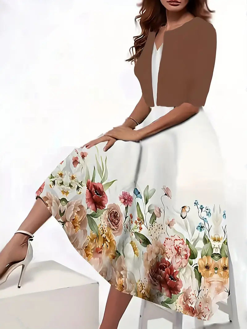 Ankie™ Elegante Set met Bloemenprint | Tijdloze Bloemenset met Cropped Jas en Vloeiende Rok