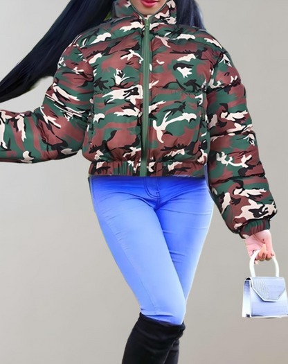 Anna Winterjas | Stoere Camouflage Jas met Warme Voering en Hoge Kraag