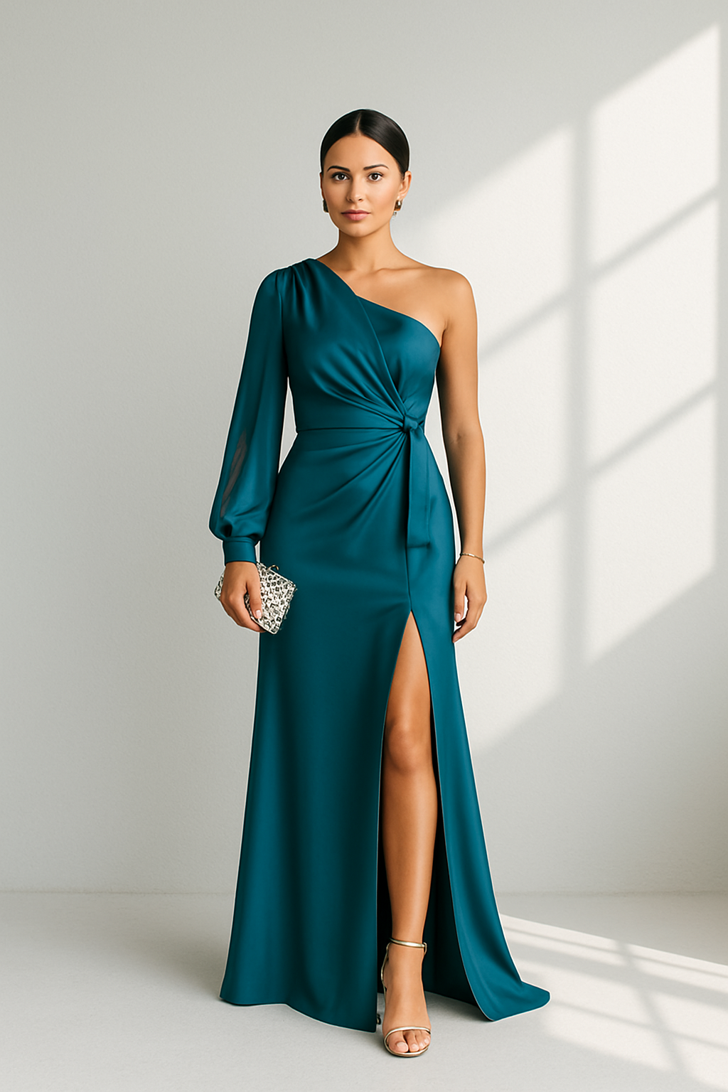 Aria Jurk | One-Shoulder Jurk met Dramatische Mouw en Drapage Accent