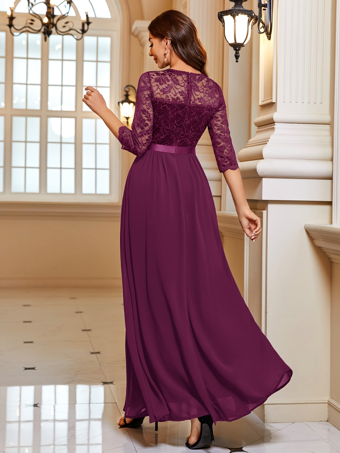 Angelina Jurk | Maxi-jurk met Kanten Bovenwerk, Chiffon Rok en 3/4-Mouwen