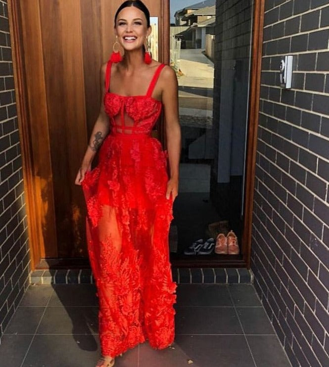 Isabella Jurk | Lange Mesh Jurk met Bloemenprint en Elegante Brede Bandjes