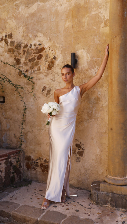 Bianca Maxi Jurk | One-Shoulder Avondjurk met Geplooide Taille en Elegante Zijsplit