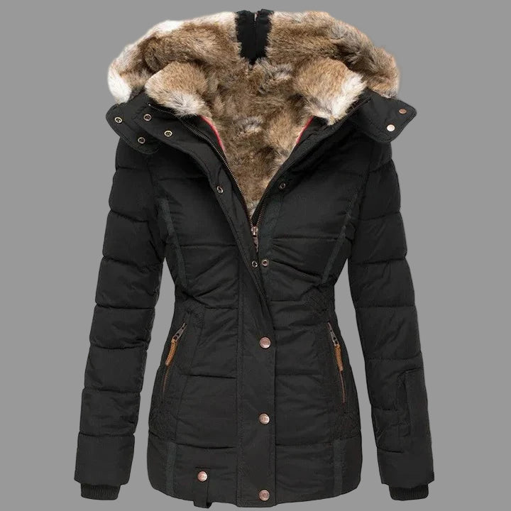 Sofia Lange gewatteerde dames winterjas met afneembare bontkap – warme elegante jas