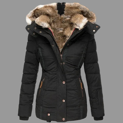 Sofia Lange gewatteerde dames winterjas met afneembare bontkap – warme elegante jas