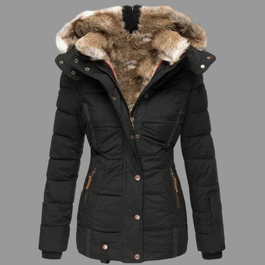 Sofia Lange gewatteerde dames winterjas met afneembare bontkap – warme elegante jas