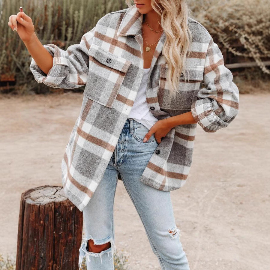 Fudus Overshirt Jack | Dames Geruite Overshirt Jas met Knopen en Opgestikte Zakken