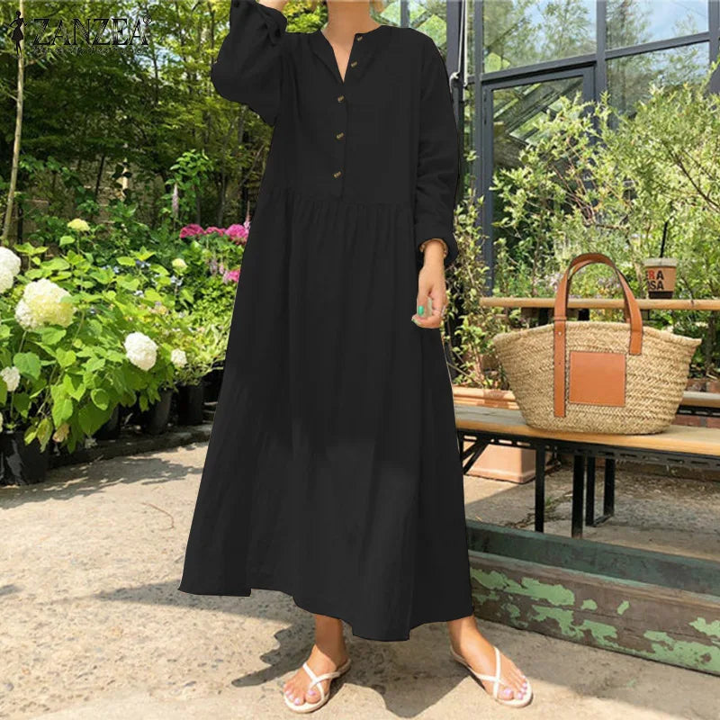 Isadora Jurk | Oversized Katoenen Overhemdjurk met Lange Mouwen en Bohemian Maxi Look