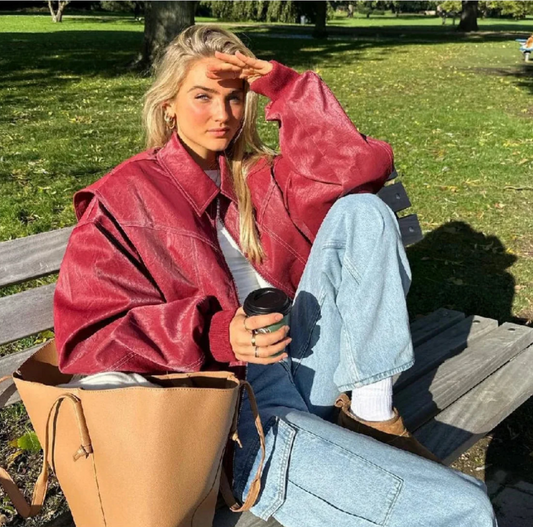 Serena Rode oversized damesjas – stijlvolle leren jas met trendy pasvorm
