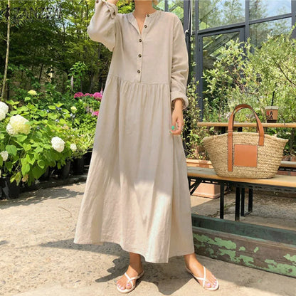 Isadora Jurk | Oversized Katoenen Overhemdjurk met Lange Mouwen en Bohemian Maxi Look
