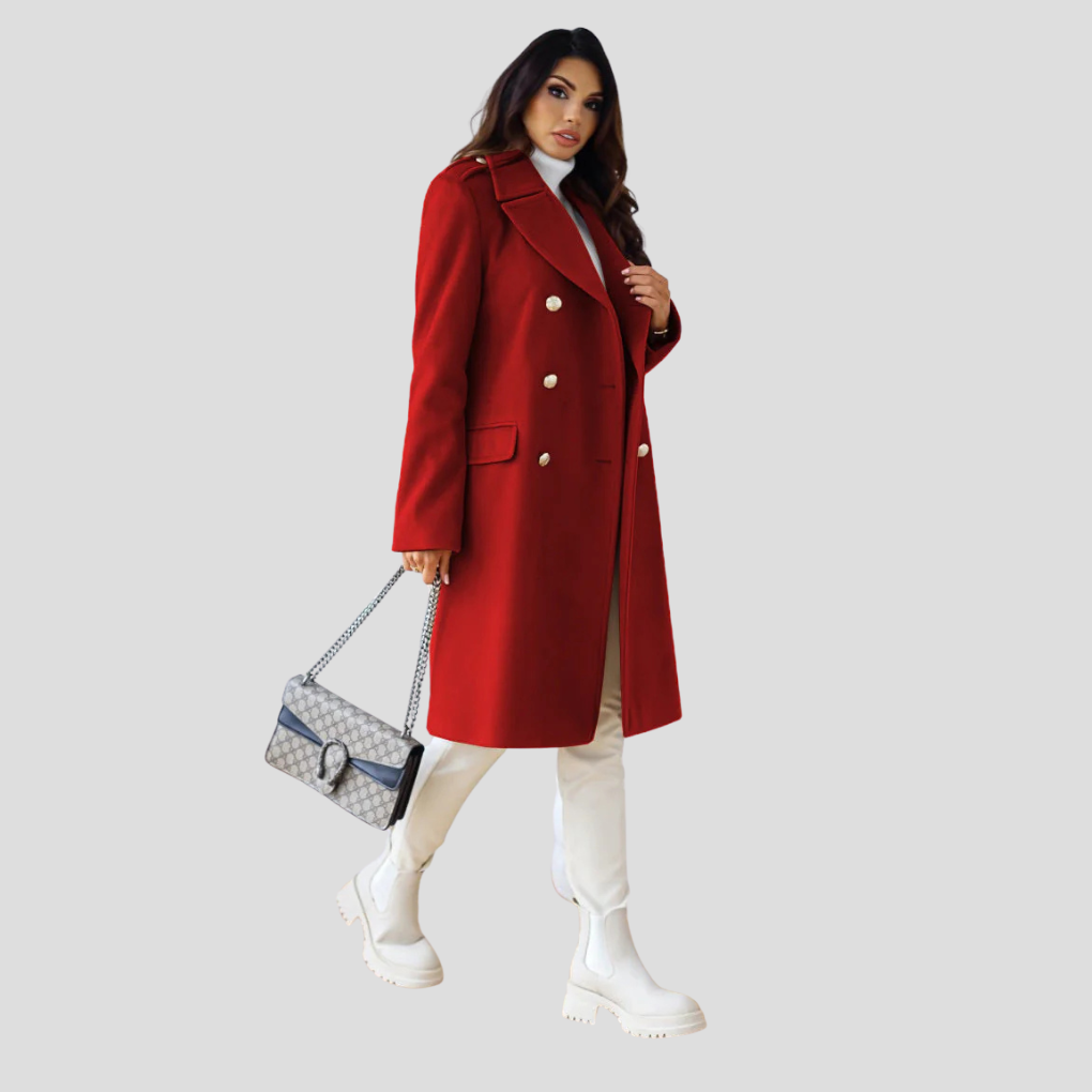 Gabriella Dames dubbelrijige winterjas – elegante wolmix jas met klassieke revers