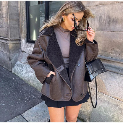 Lucia bruine leren jas met fleece voering – vintage stijl & warmte