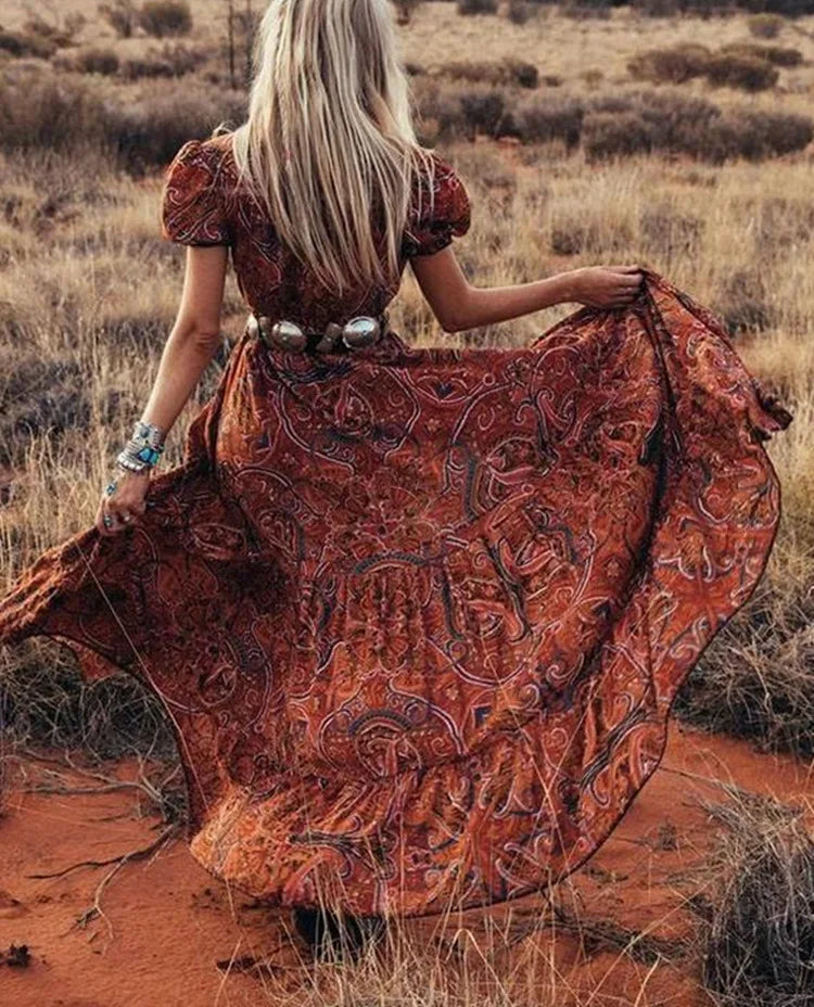 Isabella Jurk | Bohemian Maxi-jurk met Paisley Patroon, Tailleband en Hoge Split