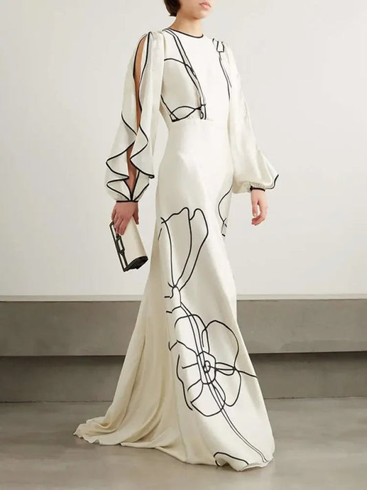 Giuliana Jurk | Avondjurk met Bloemenprint, Gerimpelde Mouwen en Falbala-Details